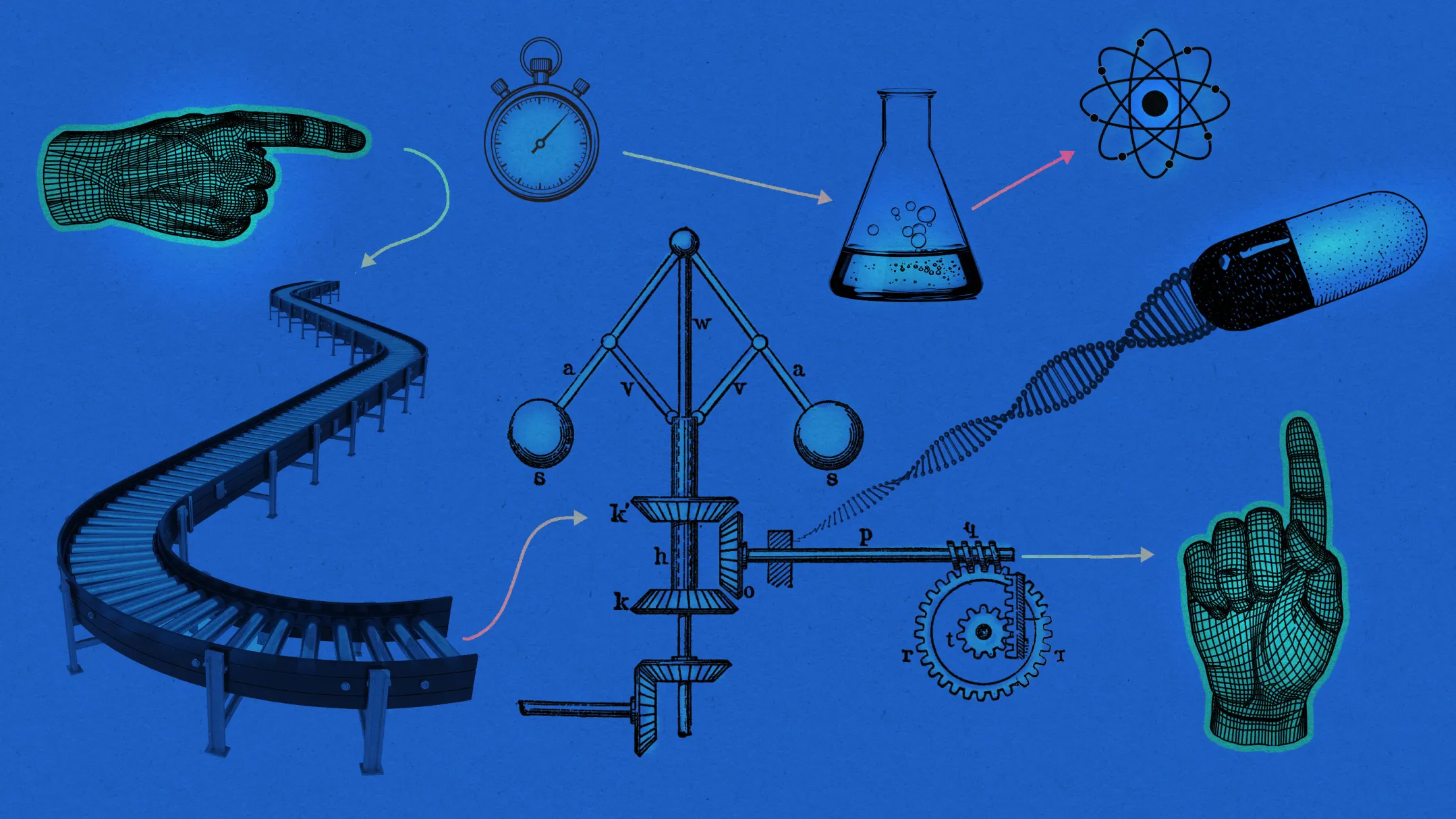 An abstract collage of vintage-style illustrations on a solid blue background, depicting themes of science, industry, and time.