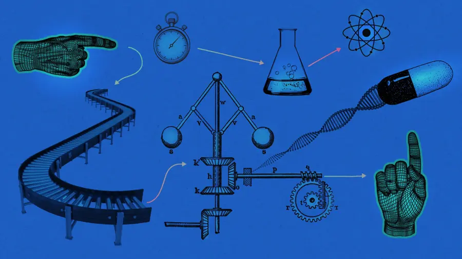 An abstract collage of vintage-style illustrations on a solid blue background, depicting themes of science, industry, and time.