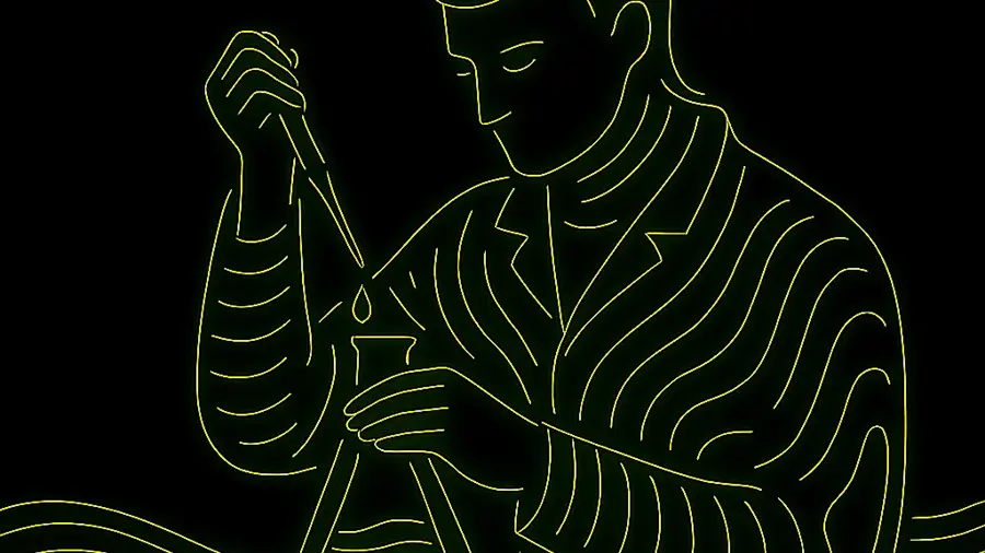Artistic graphic outline of a scientist dropping liquid into a conical flask