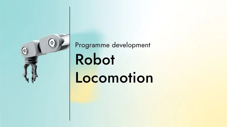 Card with text "Programme development: Robot Locomotion" and a graphic of a robot hand on a gradient background